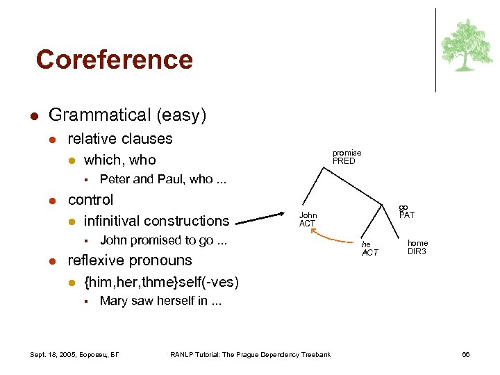 Coreference l Grammatical (easy) l relative clauses l which, who § l l Peter