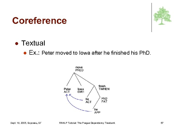 Coreference l Textual l Ex. : Peter moved to Iowa after he finished his