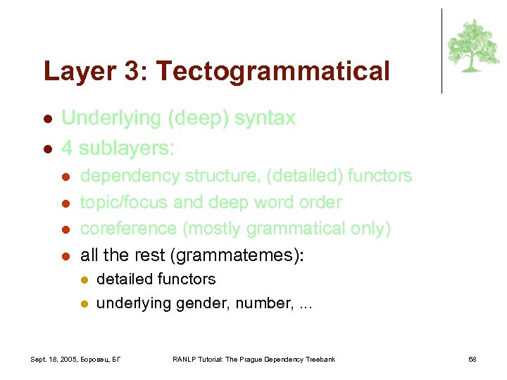 Layer 3: Tectogrammatical l l Underlying (deep) syntax 4 sublayers: l l dependency structure,