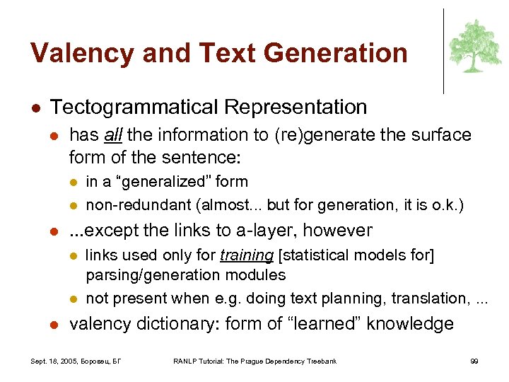 Valency and Text Generation l Tectogrammatical Representation l has all the information to (re)generate