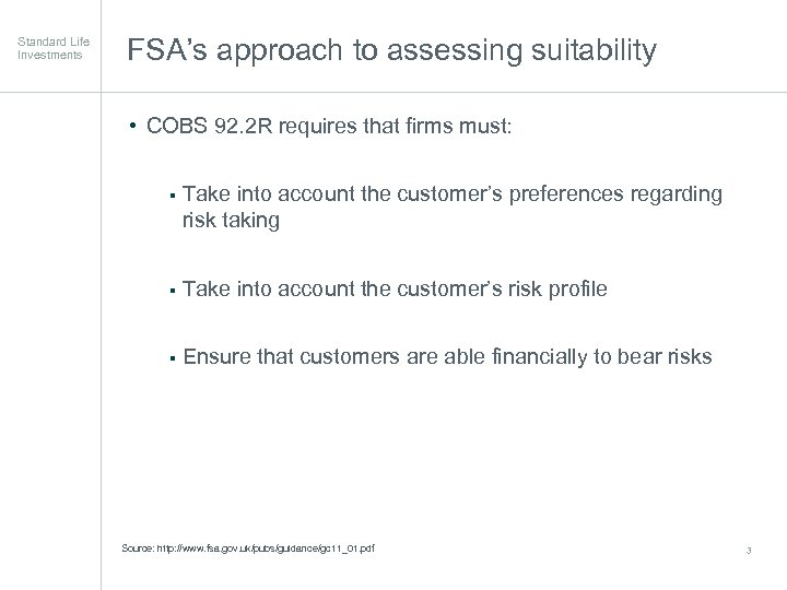 Standard Life Investments FSA’s approach to assessing suitability • COBS 92. 2 R requires