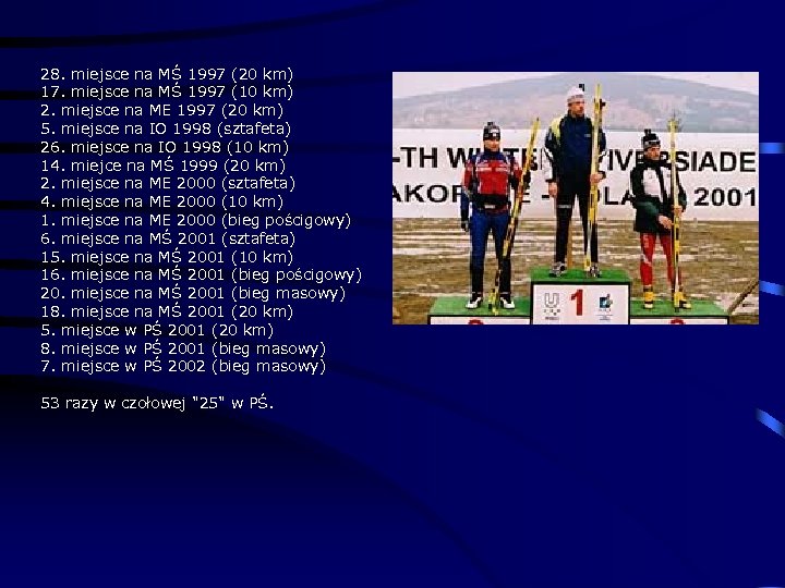 28. miejsce na MŚ 1997 (20 km) 17. miejsce na MŚ 1997 (10 km)