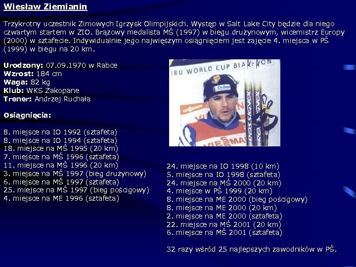 Wiesław Ziemianin Trzykrotny uczestnik Zimowych Igrzysk Olimpijskich. Występ w Salt Lake City będzie dla