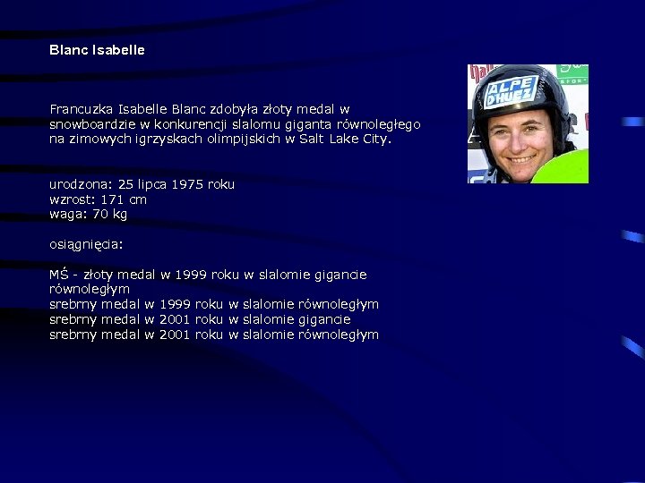 Blanc Isabelle Francuzka Isabelle Blanc zdobyła złoty medal w snowboardzie w konkurencji slalomu giganta