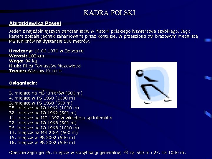 KADRA POLSKI Abratkiewicz Paweł Jeden z najzdolniejszych panczenistów w historii polskiego łyżwiarstwa szybkiego. Jego