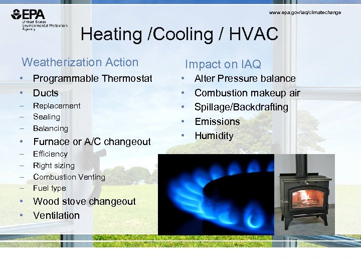 www. epa. gov/iaq/climatechange Heating /Cooling / HVAC Weatherization Action • Programmable Thermostat • Ducts