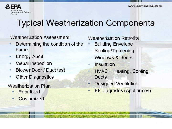 www. epa. gov/iaq/climatechange Typical Weatherization Components Weatherization Assessment • Determining the condition of the