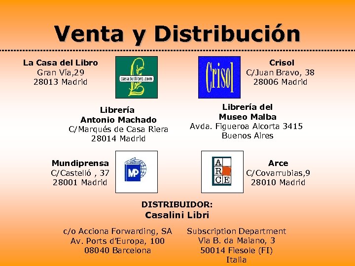 Venta y Distribución La Casa del Libro Gran Vía, 29 28013 Madrid Crisol C/Juan