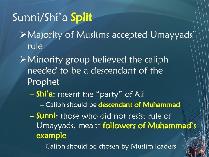 Sunni/Shi’a Split Ø Majority of Muslims accepted Umayyads’ rule Ø Minority group believed the