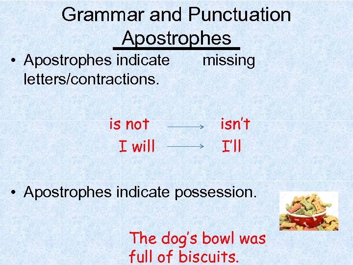 Grammar and Punctuation Apostrophes • Apostrophes indicate letters/contractions. is not I will missing isn’t