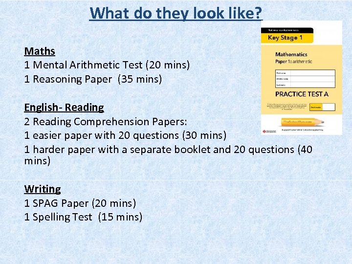 What do they look like? Maths 1 Mental Arithmetic Test (20 mins) 1 Reasoning