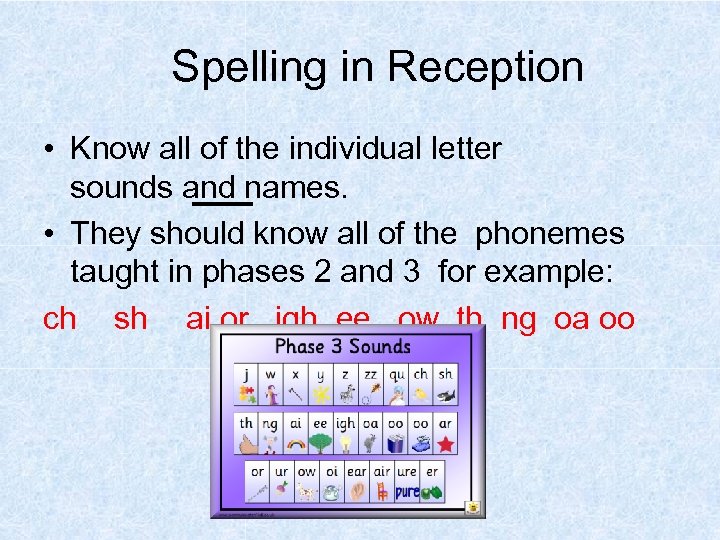 Spelling in Reception • Know all of the individual letter sounds and names. •