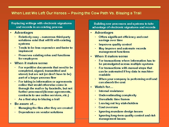 When Last We Left Our Heroes -- Paving the Cow Path Vs. Blazing a