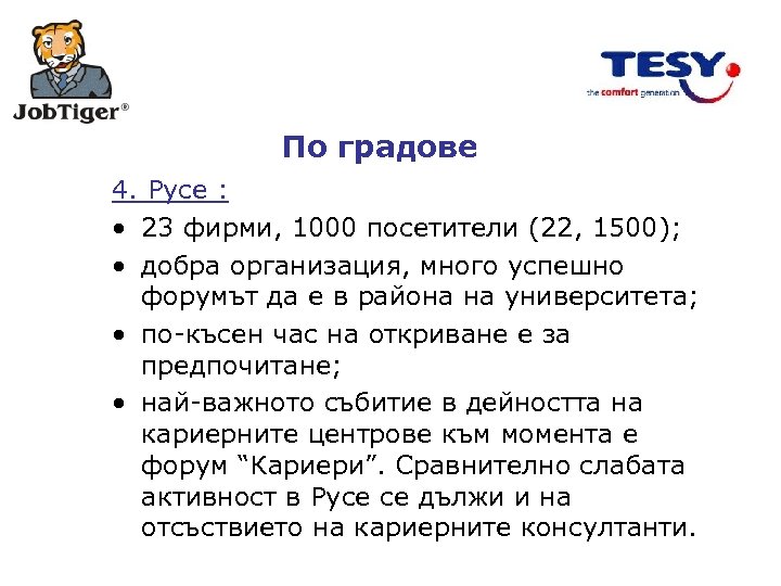 По градове 4. Русе : • 23 фирми, 1000 посетители (22, 1500); • добра