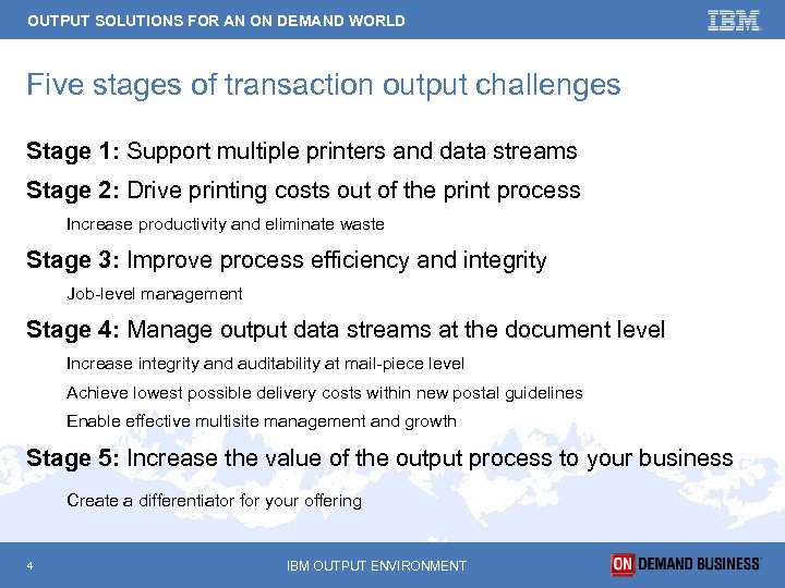OUTPUT SOLUTIONS FOR AN ON DEMAND WORLD Five stages of transaction output challenges Stage