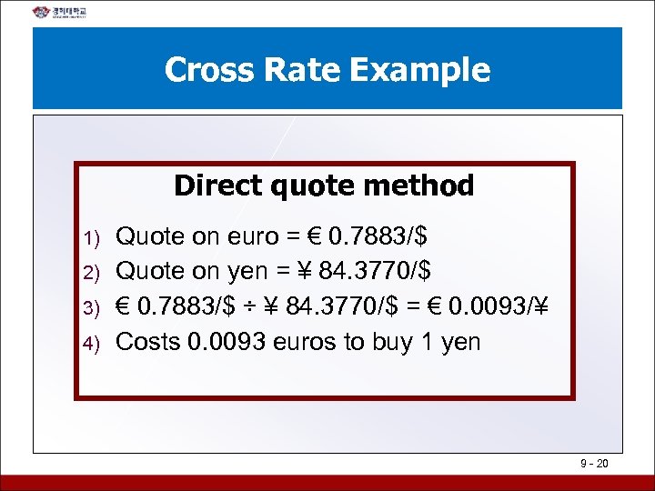 Cross Rate Example Direct quote method 1) 2) 3) 4) Quote on euro =