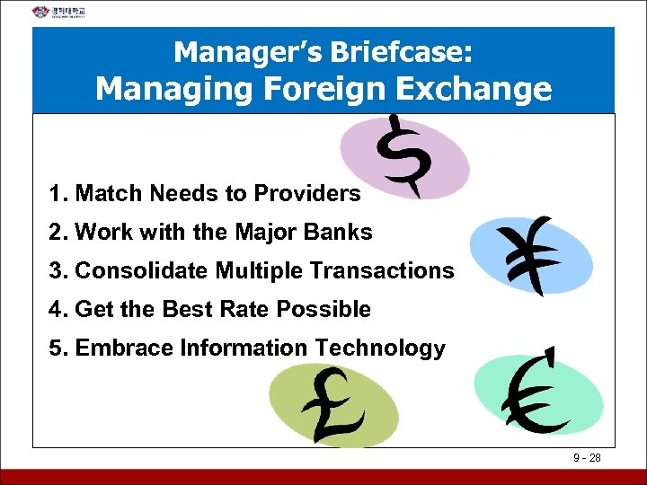 Manager’s Briefcase: Managing Foreign Exchange 1. Match Needs to Providers 2. Work with the