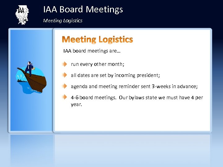 IAA Board Meetings Meeting Logistics IAA board meetings are… run every other month; all