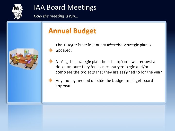 IAA Board Meetings How the meeting is run… The Budget is set in January