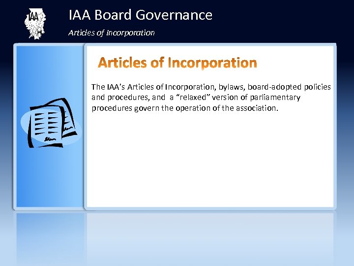 IAA Board Governance Articles of Incorporation The IAA’s Articles of Incorporation, bylaws, board-adopted policies