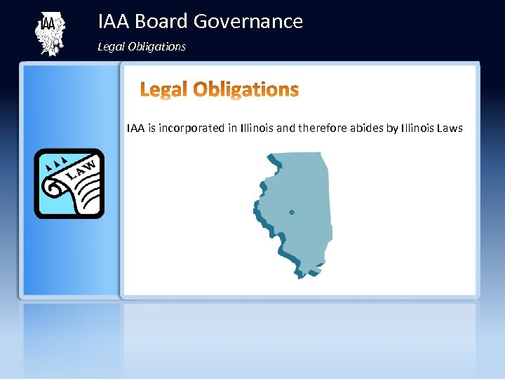 IAA Board Governance Legal Obligations IAA is incorporated in Illinois and therefore abides by