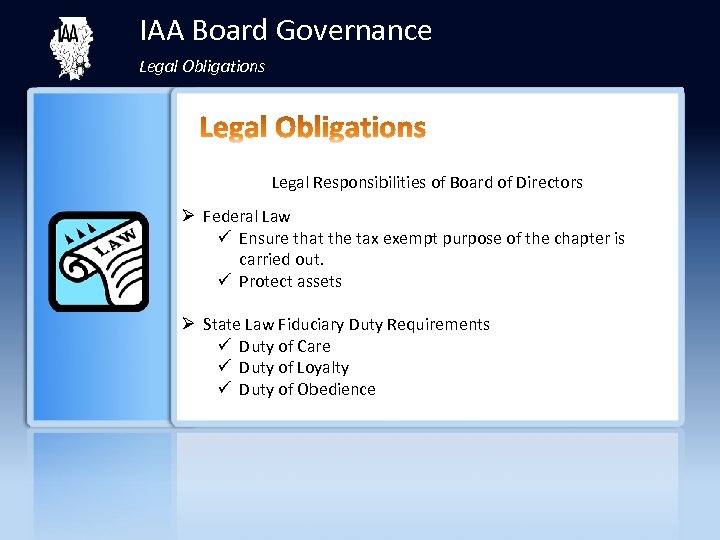 IAA Board Governance Legal Obligations Legal Responsibilities of Board of Directors Ø Federal Law