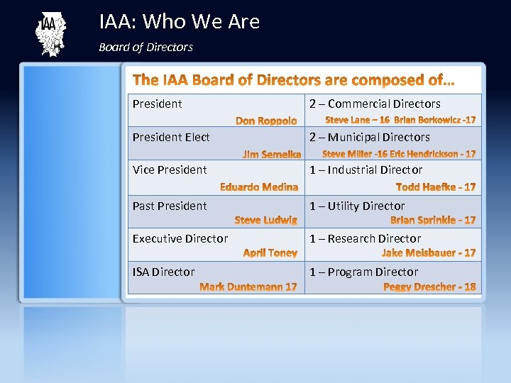 IAA: Who We Are Board of Directors President 2 – Commercial Directors President Elect