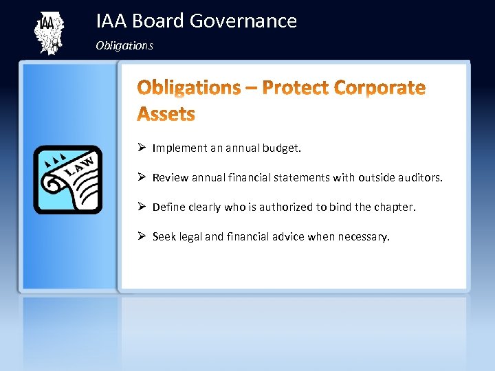 IAA Board Governance Obligations Ø Implement an annual budget. Our agenda is formatted so
