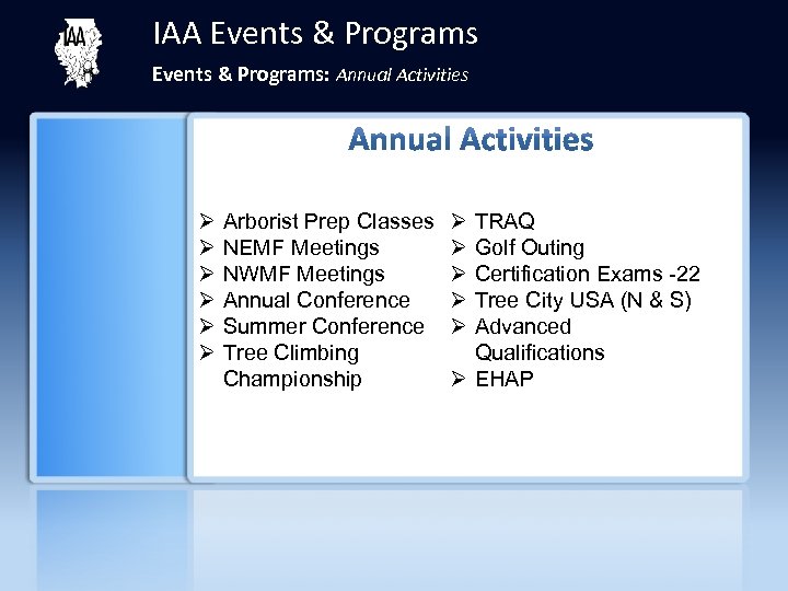 IAA Events & Programs: Annual Activities Ø Ø Ø Arborist Prep Classes NEMF Meetings
