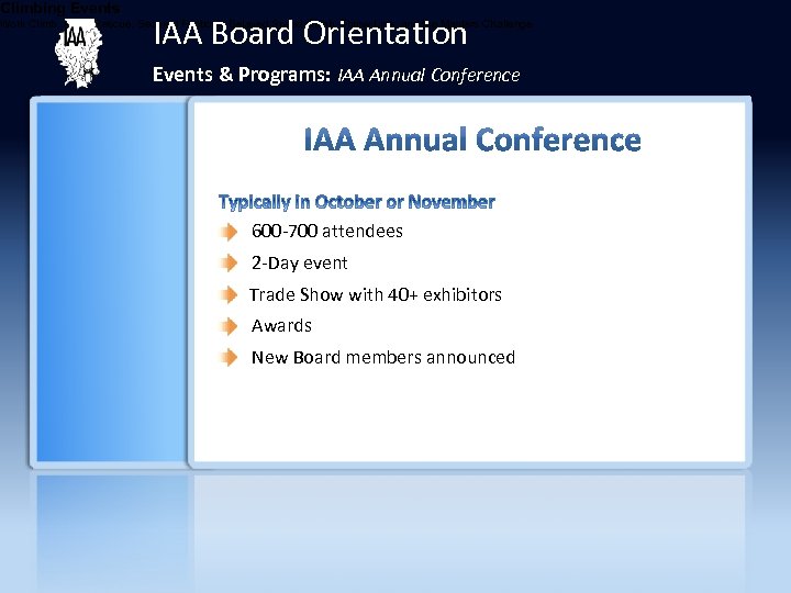 Climbing Events IAA Board Orientation Work Climb, Aerial Rescue, Secured Footlock, Belayed Speed Climb,