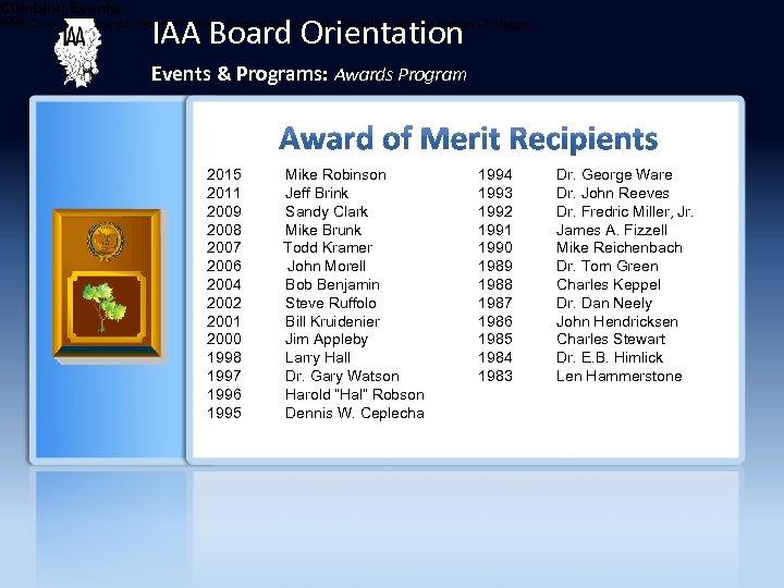 Climbing Events IAA Board Orientation 2009 Work Climb, Aerial Rescue, Secured Footlock, Belayed Speed