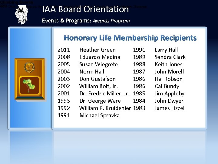 Climbing Events IAA Board Orientation 2009 Work Climb, Aerial Rescue, Secured Footlock, Belayed Speed