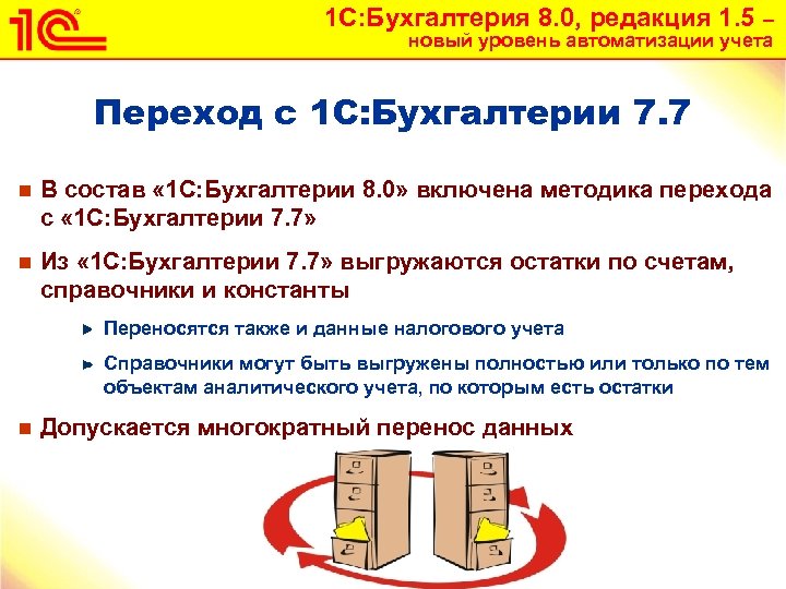 1 С: Бухгалтерия 8. 0, редакция 1. 5 – новый уровень автоматизации учета Переход