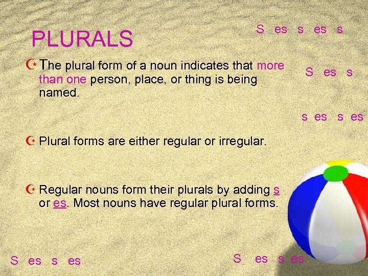 S es s PLURALS Z The plural form of a noun indicates that more