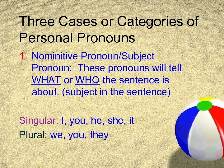 Three Cases or Categories of Personal Pronouns 1. Nominitive Pronoun/Subject Pronoun: These pronouns will