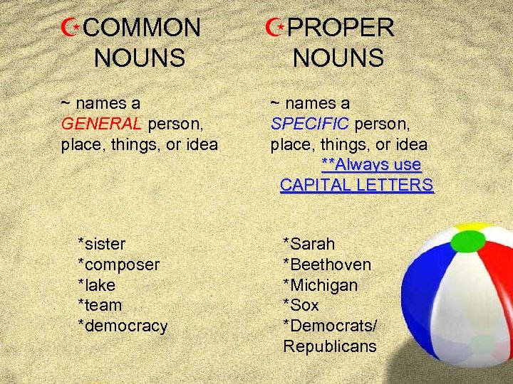 ZCOMMON NOUNS ~ names a GENERAL person, place, things, or idea *sister *composer *lake