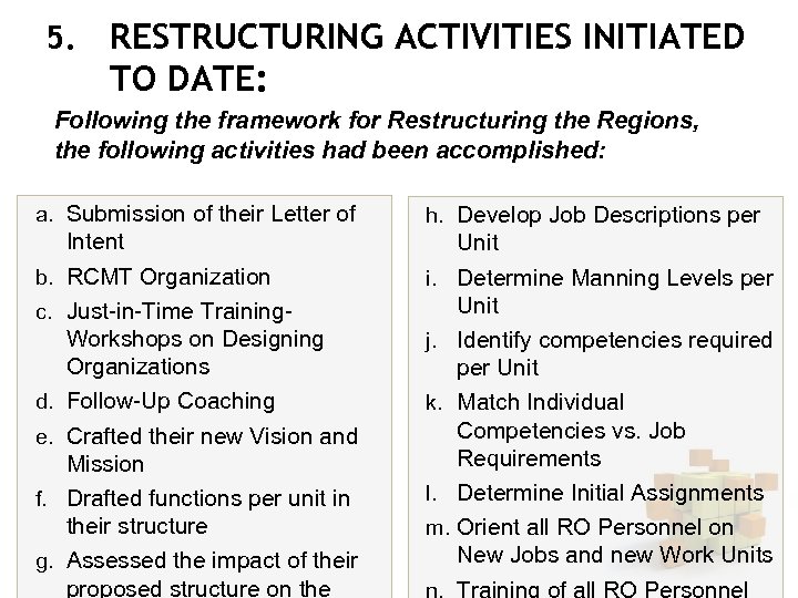 5. RESTRUCTURING ACTIVITIES INITIATED TO DATE: Following the framework for Restructuring the Regions, the