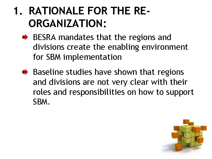 1. RATIONALE FOR THE REORGANIZATION: BESRA mandates that the regions and divisions create the