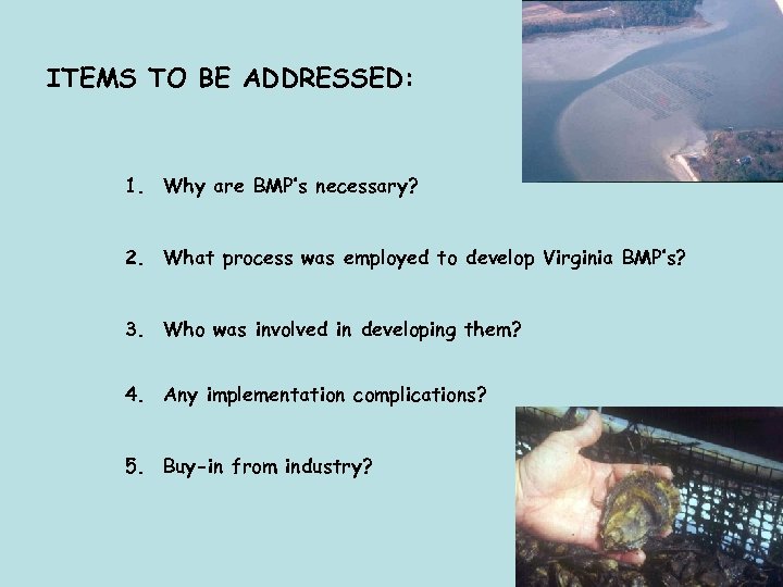 ITEMS TO BE ADDRESSED: 1. Why are BMP’s necessary? 2. What process was employed