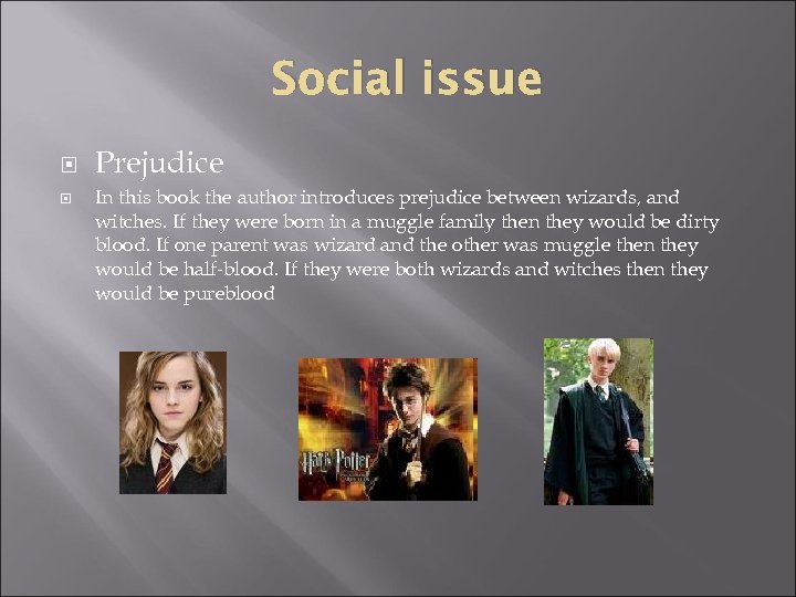 Social issue Prejudice In this book the author introduces prejudice between wizards, and witches.