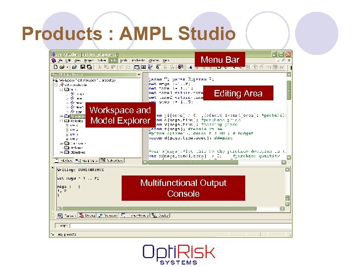 Products : AMPL Studio Menu Bar Editing Area Workspace and Model Explorer Multifunctional Output
