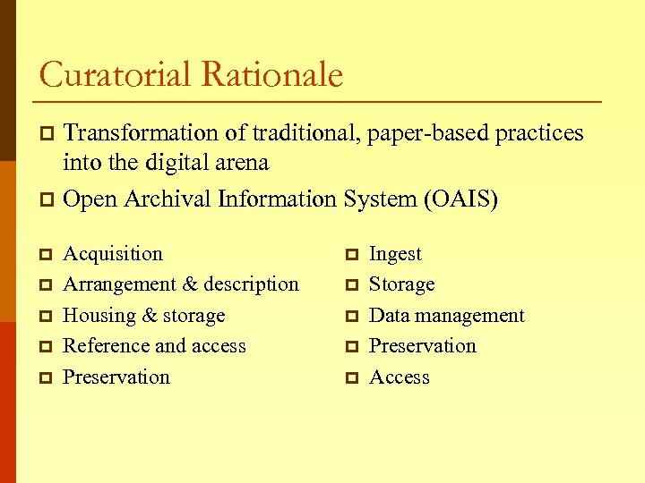 Curatorial Rationale Transformation of traditional, paper-based practices into the digital arena p Open Archival