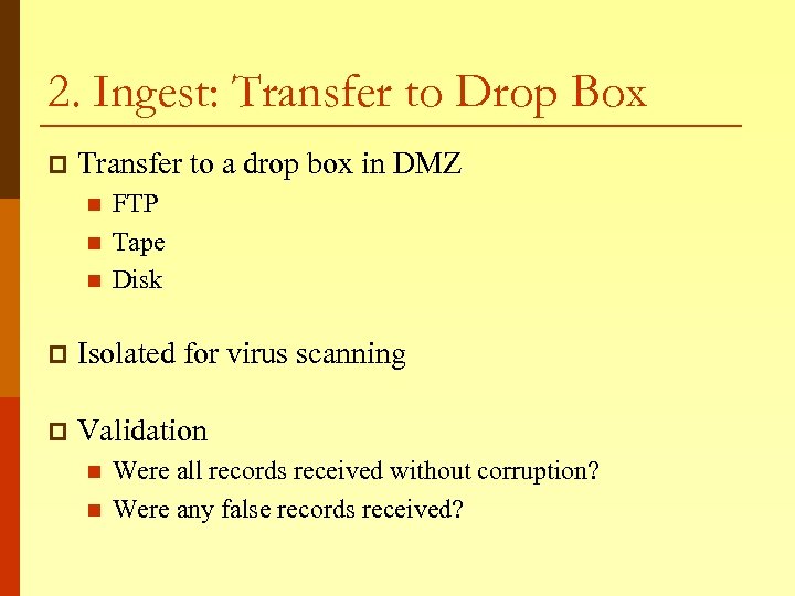 2. Ingest: Transfer to Drop Box p Transfer to a drop box in DMZ