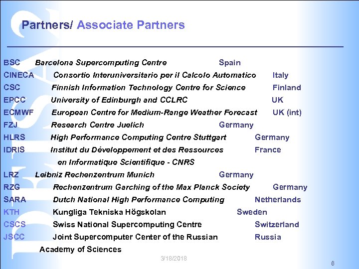 Partners/ Associate Partners BSC Barcelona Supercomputing Centre Spain CINECA Consortio Interuniversitario per il Calcolo