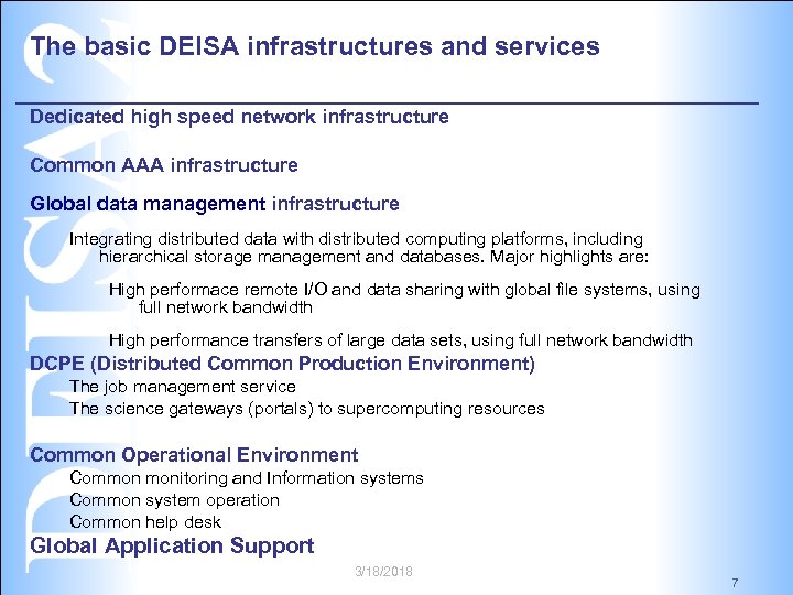 The basic DEISA infrastructures and services Dedicated high speed network infrastructure Common AAA infrastructure
