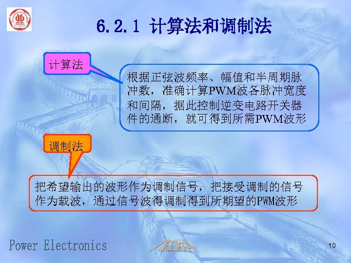 6. 2. 1 计算法和调制法 计算法 根据正弦波频率、幅值和半周期脉 冲数，准确计算PWM波各脉冲宽度 和间隔，据此控制逆变电路开关器 件的通断，就可得到所需PWM波形 调制法 把希望输出的波形作为调制信号，把接受调制的信号 作为载波，通过信号波得调制得到所期望的PWM波形 10 