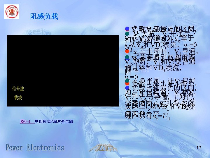 阻感负载 图 6 -4 单相桥式PWM逆变电路 l 负载电流为正的区间， V 1和V 2通断互补，V 3 l V 4关断，V
