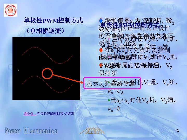 单极性PWM控制方式 （单相桥逆变） 图 6 -5 单极性PWM控制方式波形 t 调制信号ur为正弦波，载 2 Ur负半周，V 1保持断，V 单极性PWM控制方式 波uc在ur的正半周为正极性 保持通