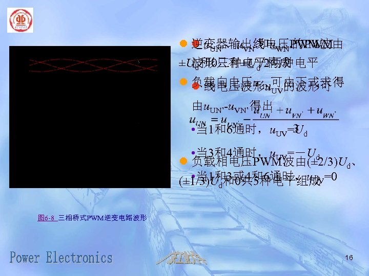 l l u. UN’、u. VN’和u. WN’的PWM 逆变器输出线电压PWM波由 ±Ud和0三种电平构成 波形只有±Ud/2两种电平 l l 线电压波形u可由下式求得 负载向电压u. UN