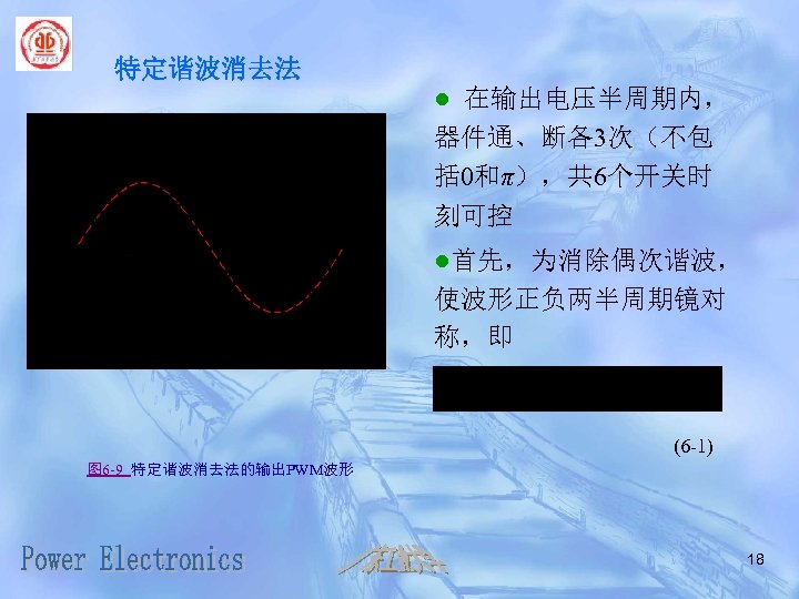 特定谐波消去法 ● 在输出电压半周期内， 器件通、断各3次（不包 括 0和π），共 6个开关时 刻可控 ●首先，为消除偶次谐波， 使波形正负两半周期镜对 称，即 (6 -1) 图